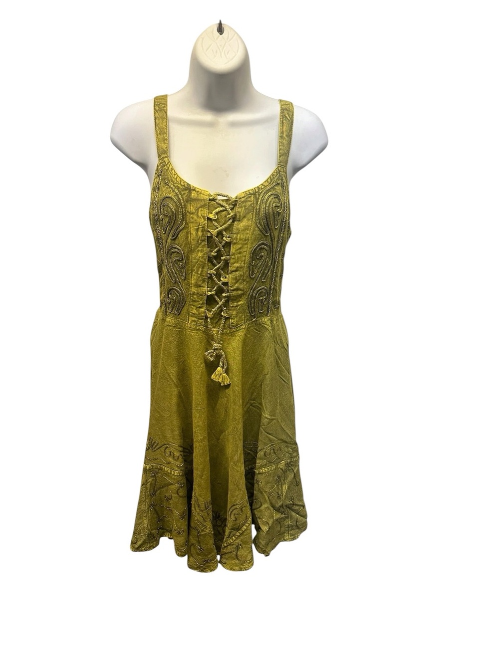 Lace-Up Embroidered Strappy Dress in Olive Green. 8650.  TURQ01